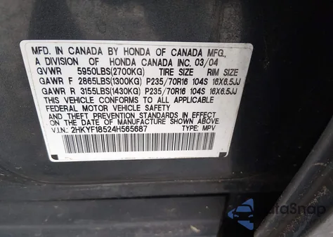 2004 Honda Pilot Ex-L z USA, uszkodzony, nr VIN 2HKYF18524H565687